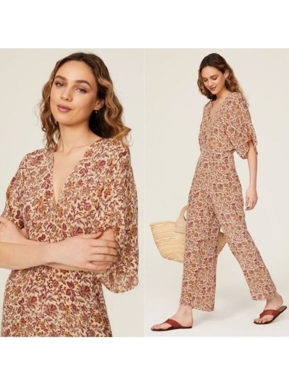 Vanessa Bruno Lelie Floral Jumpsuit 38 4-6 Vneck Wide Leg Kimono Sleeve $485